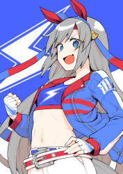 Rule 34 | 1girl, :d, absurdres, animal ears, belt, blue bra, blue eyes, blue jacket, bra, breasts, character request, cowboy shot, fang, fingerless gloves, gloves, grey hair, hairband, hand on own hip, hand up, highres, hiroya juuren, horse ears, horse tail, jacket, long hair, long sleeves, looking at viewer, midriff, navel, open mouth, pants, skin fang, small breasts, smile, solo, sports bra, stomach, tail, umamusume, underwear, very long hair, white gloves, white pants