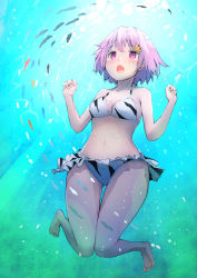 Rule 34 | 1girl, absurdres, animal print, bikini, bikini skirt, commentary request, fang, freediving, from below, highres, huge filesize, kantai collection, looking up, mmk, open mouth, pink hair, red eyes, short hair, skin fang, solo, swimsuit, tama (kancolle), tiger print, underwater, white bikini