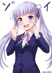 Rule 34 | 10s, 1girl, buttons, eyebrows, jacket, long hair, long sleeves, looking at viewer, new game!, open mouth, purple eyes, purple hair, purple jacket, sakiyamama, shirt, simple background, solo, suzukaze aoba, twintails, twitter username, upper body, white shirt