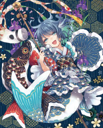 1girl, :d, alternate costume, blue eyes, blue hair, commentary request, drill locks, eyebrows visible through hair, floating hair, floral background, flower, flower request, full body, hand up, head fins, head tilt, highres, holding, holding stick, koinobori, looking at viewer, mermaid, monster girl, open mouth, purple flower, short hair, smile, solo, sparkle, stick, touhou, toutenkou, wakasagihime