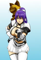 Rule 34 | 1girl, ^ ^, akimaru, belt, black eyes, breasts, capcom, carrying, cat, choker, cleavage, closed eyes, crop top, elbow gloves, felyne, gloves, grin, hair ribbon, hand on own hip, harvest (armor), highres, hip focus, huge breasts, large breasts, leaning forward, lipstick, long hair, makeup, md5 mismatch, midriff, mole, mole under eye, monster hunter, monster hunter (series), monster hunter frontier, naughty face, navel, no bra, one eye closed, open clothes, open shirt, outstretched hand, parted bangs, pleated skirt, pointing, ponytail, purple eyes, purple hair, ribbon, shirt, shoulder carry, simple background, skirt, smile, standing, thigh gap, thighhighs, thighs, whiskers, white thighhighs, wink, yf-19-2excalibur, zettai ryouiki