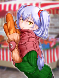 Rule 34 | 1girl, ^jj^, bag, baguette, blurry, blurry background, bread, food, from side, gloves, green sweater, hair between eyes, hair ornament, holding, holding bag, hoshino ruri, kidou senkan nadesico, long hair, long sleeves, looking at viewer, mittens, outdoors, paper bag, red gloves, red scarf, ribbed sweater, scarf, silver hair, smile, solo, standing, striped clothes, striped scarf, sweater, twintails, yellow eyes