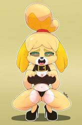 Rule 34 | 1girl, animal crossing, animal ears, animal hands, artist name, black bra, black footwear, black panties, blonde hair, blush, bra, breasts, cameltoe, claws, cleavage, collar, dog ears, dog girl, dog tail, dongitos, female focus, full body, furry, furry female, gluteal fold, green eyes, hair tie, half-closed eyes, hands up, high heels, hypnosis, isabelle (animal crossing), jpeg artifacts, light blush, medium breasts, mind control, multicolored eyes, navel, nintendo, open mouth, outline, panties, paw pose, red eyes, shoes, short hair, signature, simple background, skindentation, smile, solo, spread legs, squatting, tail, teeth, tongue, tongue out, topknot, underwear, white outline, yellow background