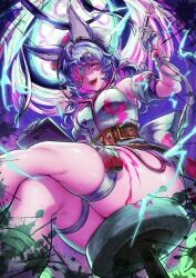 Rule 34 | 1girl, animal ears, bandage over one eye, blue hair, breasts, crossed legs, gloves, granblue fantasy, highres, holding, holding syringe, looking at viewer, lu1ani, medium breasts, medium hair, official alternate costume, sitting, smile, solo, syringe, thick thighs, thighs, tikoh, tikoh (halloween), white gloves