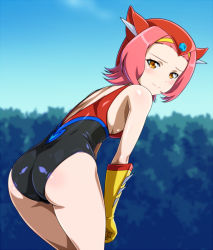 Rule 34 | 10s, 1girl, alternate costume, anime coloring, ass, bare shoulders, blue sky, blush, breasts, day, gecchan, gloves, leaning forward, leotard, looking at viewer, looking back, monteriakitto, pink hair, robot girls z, short hair, simple background, sky, small breasts, solo, yellow eyes, yellow gloves