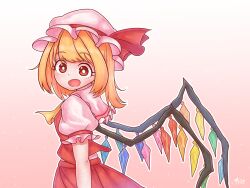 Rule 34 | 1girl, :d, ascot, blonde hair, breasts, bright pupils, crystal, flandre scarlet, gradient background, hat, highres, mob cap, one side up, open mouth, pink background, puffy short sleeves, puffy sleeves, red vest, short hair, short sleeves, simple background, skirt, skirt set, small breasts, smile, solo, swept bangs, touhou, upper body, vest, white pupils, wings, yellow ascot, zanasta0810