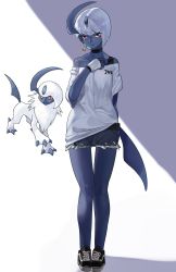Rule 34 | 1girl, absol, absurdres, asymmetrical hair, belt, black belt, black footwear, blue shorts, blue skin, colored skin, commentary request, creatures (company), earrings, eyes visible through hair, full body, game freak, gen 3 pokemon, highres, hoop earrings, horns, humanization, jewelry, koiso usu, looking at viewer, nintendo, off-shoulder shirt, off shoulder, open mouth, pokemon, red eyes, reference inset, shirt, shoes, short hair, short shorts, shorts, single horn, sneakers, solo, standing, white hair, white shirt