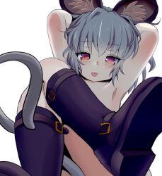 Rule 34 | 1girl, :p, animal ears, armpits, arms up, black socks, blush, boots, convenient censoring, crossed legs, from below, grey hair, ishikkoro, looking at viewer, mouse ears, mouse tail, naked boots, nazrin, nude, red eyes, short hair, simple background, sitting, smile, socks, solo, tail, tongue, tongue out, touhou, white background