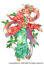 Rule 34 | 1girl, ;d, ahoge, brown hair, card, flower knight girl, full body, green kimono, hair bun, japanese clothes, kimono, leaf, leaf print, long hair, looking at viewer, name connection, object namesake, official art, one eye closed, open mouth, red eyes, sandals, senryou (flower knight girl), side ponytail, single hair bun, smile, solo, standing, sugimeno, v, white background, yukata