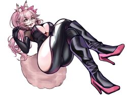 Rule 34 | 1girl, animal ear fluff, animal ears, ass, breasts, cleavage, fate/grand order, fate (series), glasses, high heels, highres, hip vent, koyanskaya (assassin) (first ascension) (fate), koyanskaya (fate), large breasts, lips, lipstick, looking at viewer, makeup, pink hair, ribbon, solo, tail, underboob, white background