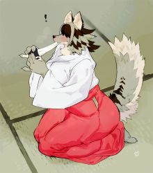 Rule 34 | !, 1girl, animal ears, animal hands, barefoot, bebebe, blush, breasts, brown hair, claws, dog ears, dog tail, eating, female focus, food, food request, from above, full body, furry, furry female, grey hair, hair over eyes, hakama, hakama skirt, hands up, hip vent, holding, inazuma (bebebe), indoors, japanese clothes, kimono, large breasts, legs together, long sleeves, miko, multicolored hair, nose blush, original, pinky out, red hakama, seiza, sitting, skirt, solo, steam, surprised, sweat, tail, thick thighs, thighs, two-tone hair, watermark, white kimono, wide hips, wide sleeves