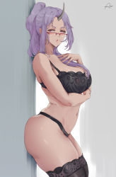 Rule 34 | 1girl, against wall, araneesama, arched back, black bra, black horns, black horns, black panties, black thighhighs, bra, breast hold, breasts, cleavage, cowboy shot, curvy, fat rolls, glasses, hair over shoulder, highres, horn, horns, huge breasts, lace, lace-trimmed legwear, lace bra, lace trim, legs together, lingerie, long hair, looking to the side, medium hair, navel, oni, oni girl, oni horn, oni horns, over-rim eyewear, panties, ponytail, purple eyes, purple hair, realistic, red-framed eyewear, semi-rimless eyewear, shion (tensei shitara slime datta ken), single horn, solo, standing, tensei shitara slime datta ken, thick thighs, thighhighs, thighs, underwear, underwear only