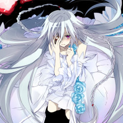 Rule 34 | 00s, 1girl, blue flower, blue rose, braid, detached sleeves, dress, flower, ft yuuki, long hair, pandora hearts, rose, solo, tears, very long hair, white hair, will of the abyss