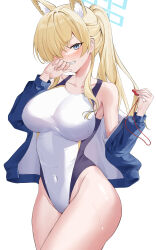 1girl absurdres animal_ear_fluff animal_ears blonde_hair blue_archive blue_eyes blue_halo blue_jacket breasts competition_swimsuit covered_navel cowboy_shot dog_ears dog_girl extra_ears hair_over_one_eye halo highleg highleg_one-piece_swimsuit highres holding holding_whistle jacket kanna_(blue_archive) kanna_(swimsuit)_(blue_archive) large_breasts long_hair looking_at_viewer nacho_(nacho_1103) notched_ear official_alternate_costume one-piece_swimsuit ponytail sharp_teeth simple_background solo swimsuit teeth whistle white_background white_one-piece_swimsuit