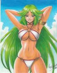 Rule 34 | 1girl, 2018, armlet, arms behind head, arms up, belly, bikini, breasts, cleavage, cloud, cloudy sky, green eyes, green hair, highres, kid icarus, kid icarus uprising, large breasts, long hair, navel, nintendo, palutena, ravernclouk design, sky, smile, solo, swimsuit, tight clothes, traditional media, very long hair, white bikini