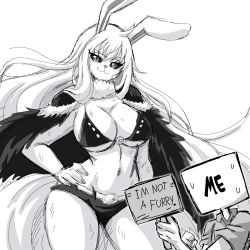 Rule 34 | 1girl, animal nose, bikini, bikini top only, blank censor, breasts, carrot (one piece), censored, cleavage, english text, furry, furry female, greyscale, hand on own hip, head tilt, heart, highres, large breasts, lewdamone, long hair, monochrome, one piece, rabbit, rabbit girl, short shorts, shorts, sign, simple background, smile, spoilers, spoken heart, sulong form, swimsuit, tail, text focus, very long hair, white background
