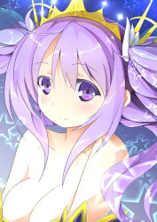 Rule 34 | 1girl, bad id, bad pixiv id, bare shoulders, breasts, character request, cleavage, large breasts, light purple hair, long hair, looking at viewer, purple eyes, smile, solo, tiara, twintails, unmei no clan battle