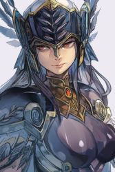 Rule 34 | 1girl, black hair, expressionless, feathers, grey background, helmet, hrist valkyrie, hungry clicker, long hair, looking to the side, red eyes, shoulder pads, solo, valkyrie profile (series)