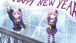 Rule 34 | 10s, 2girls, adult neptune, bad id, bad pixiv id, blush, breasts, d-pad, hair ornament, happy new year, hood, hooded track jacket, jacket, koomoi, long hair, looking at viewer, multiple girls, nepgear, neptune (neptunia), neptune (series), new year, open mouth, purple eyes, purple hair, smile, striped clothes, striped legwear, striped thighhighs, thighhighs, track jacket