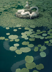 Rule 34 | 1girl, absurdres, albino, colored skin, commentary, completely nude, day, highres, hong yun ji, lake, lamia, leaf, lily pad, long hair, looking at viewer, lying, mini person, minigirl, monster girl, nature, nude, on stomach, original, outdoors, partially submerged, sketch, soaking hands, solo, statue, symbol-only commentary, water, white hair, white skin