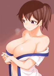 Rule 34 | 10s, 1girl, bad id, bad twitter id, bare shoulders, blush, breast hold, breasts, brown eyes, brown hair, cleavage, highres, kaga (kancolle), kanna kanaki, kantai collection, large breasts, open clothes, short hair, side ponytail, simple background, solo