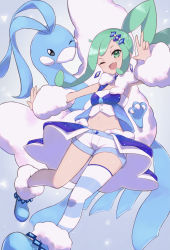 Rule 34 | 1girl, ;d, absurdres, altaria, aqua eyes, aqua hair, armpits, asymmetrical hair, bare shoulders, blue footwear, breasts, camisole, choker, collarbone, commentary request, creatures (company), crop top, earrings, fang, full body, fur trim, game freak, gen 3 pokemon, glint, hair ornament, hand up, highres, jewelry, lisia (pokemon), long hair, looking at viewer, midriff, navel, nintendo, nuneno, one eye closed, open mouth, outstretched arm, pokemon, pokemon (creature), pokemon oras, shoes, short shorts, shorts, showgirl skirt, sidelocks, single thighhigh, skin fang, small breasts, smile, solo focus, standing, standing on one leg, striped clothes, striped thighhighs, thighhighs, v, white camisole, white shorts, white thighhighs