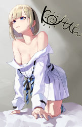Rule 34 | 1girl, absurdres, all fours, bare shoulders, black hairband, blue bow, blue bowtie, blue eyes, bow, bowtie, breasts, character request, cleavage, collarbone, commentary, dress, english commentary, full body, grey background, hairband, highres, large breasts, light brown hair, long sleeves, mac star, off shoulder, on bed, parted lips, pleated dress, short hair, smile, solo, undone bowtie, white dress