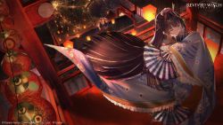 Rule 34 | 3girls, amanami (revived witch), architecture, black hair, blue kimono, brown hair, character request, commentary, east asian architecture, closed eyes, folding fan, frilled kimono, frills, hair ornament, hand fan, japanese clothes, katana, kimono, long hair, mikoto (revived character), multiple girls, official art, revived witch, smile, solo focus, sword, takubon, very long hair, weapon