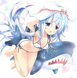 Rule 34 | 1girl, absurdres, armpits, barefoot, bikini, blue eyes, collarbone, commentary request, flat cap, flat chest, full body, halterneck, hammer and sickle, hat, hibiki (kancolle), highres, hizuki yayoi, hood, hooded vest, hoodie, inflatable shark, inflatable toy, kantai collection, looking at viewer, navel, open mouth, shark, side-tie bikini bottom, silver hair, simple background, solo, string bikini, swimsuit, verniy (kancolle), vest, white background, white bikini, white hat, white vest