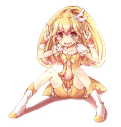 Rule 34 | 10s, 1girl, arms up, bad id, bad pixiv id, blonde hair, blush, boots, bow, cure peace, double v, eyelashes, hair flaps, hair ornament, kise yayoi, long hair, magical girl, open mouth, oukawa yuu, ponytail, precure, shorts, shorts under skirt, sitting, skirt, smile precure!, solo, spread legs, tears, v, wide ponytail, wrist cuffs, yellow bow, yellow eyes, yellow shorts, yellow skirt, yellow theme