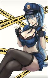 Rule 34 | 1girl, blue eyes, blue hair, bra, callamity, female focus, gloves, hat, league of legends, long hair, looking at viewer, matching hair/eyes, md5 mismatch, necktie, ponytail, resized, solo, sona (league of legends), thighhighs, underwear, uniform