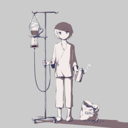 Rule 34 | avogado6, bag, black eyes, closed mouth, coffee, coffee beans, coffee pot, collarbone, english text, facing viewer, full body, grey background, head tilt, holding, hospital gown, intravenous drip, iv stand, looking at viewer, messy hair, monochrome, original, shadow, short hair, simple background, slippers, solo, standing, steam