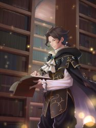 Rule 34 | 1boy, ascot, black cape, black hair, blue eyes, book, bookshelf, bow, brooch, cape, cyrus (octopath traveler), esaka, gem, hair bow, highres, holding, holding book, indoors, jewelry, library, long sleeves, male focus, octopath traveler, octopath traveler i, open book, ponytail, reading, short ponytail, sile, smile, solo, standing, white bow