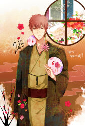 Rule 34 | 10s, 1boy, 2013, bad id, bad pixiv id, brown eyes, brown hair, cherry blossoms, creatures (company), crossover, fate/zero, fate (series), flower, game freak, gen 5 pokemon, happy new year, highres, japanese clothes, kimono, kotomine kirei, male focus, munna, new year, nintendo, pokemon, pokemon (creature), pokemon bw, red eyes, window, yuugai seibutsu
