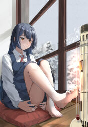 Rule 34 | 1girl, bare legs, barefoot, black dress, black hair, blurry, character request, closed mouth, collared shirt, copyright request, day, depth of field, dress, feet, grey sky, heater, highres, indoors, legs, long hair, long sleeves, pillow, pine tree, school uniform, shirt, sidelocks, signature, sitting, sky, smile, snow, soles, solo, soragane (banisinngurei), thighs, toes, tree, uniform, white shirt, window, winter, yellow eyes