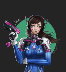 Rule 34 | 1girl, absurdres, animal print, artist name, blue bodysuit, bodysuit, breast hold, breasts, brown eyes, brown hair, character name, charm (object), circle, d.va (overwatch), dated, eyelashes, facepaint, facial mark, facing viewer, finger on trigger, gloves, grey background, gun, handgun, headphones, high collar, highres, holding, holding gun, holding weapon, kylekayhos, lips, long hair, looking away, looking to the side, looking up, medium breasts, nose, overwatch, overwatch 1, pilot suit, pink lips, pistol, puckered lips, rabbit print, ribbed bodysuit, shoulder pads, signature, skin tight, snicker, solo, swept bangs, upper body, weapon, whisker markings, white gloves, wind