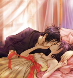 Rule 34 | 1boy, 1girl, bad id, bad pixiv id, bed, chrome dokuro, couple, dress, closed eyes, hetero, katekyo hitman reborn!, pillow, ponytail, purple hair, ribbon, rokudou mukuro