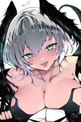 Rule 34 | 1girl, aqua eyes, arknights, blush, breasts, cleavage, collarbone, doctor (arknights), fangs, feathered wings, girl on top, grey hair, head wings, highres, ho&#039;olheyak (arknights), kyuu (plastic night q), large breasts, looking at viewer, smile, snake tail, solo focus, sweat, tail, tongue, tongue out, wings