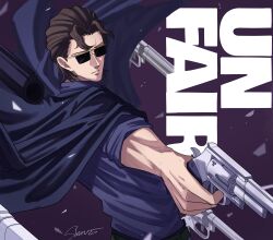 Rule 34 | 1boy, artist name, billy alfred, black-framed eyewear, blue shirt, brown hair, cape, character name, dual wielding, facial hair, facing viewer, gun, highres, holding, holding gun, holding weapon, male focus, medium hair, purple background, shirt, shishiruto, short sleeves, solo, standing, stubble, undead unluck, weapon, weapon request
