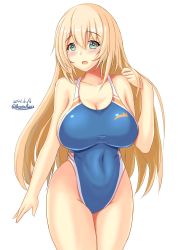 Rule 34 | 1girl, atago (kancolle), blonde hair, blue eyes, blue one-piece swimsuit, breasts, competition swimsuit, cowboy shot, dated, green eyes, highleg, highleg swimsuit, highres, kantai collection, large breasts, long hair, looking at viewer, montemasa, one-hour drawing challenge, one-piece swimsuit, solo, swimsuit, twitter username