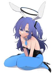 Rule 34 | animal ears, artist name, between legs, black leotard, blue archive, blue necktie, blue pantyhose, fake animal ears, halo, hand between legs, high heels, ica, leotard, necktie, pantyhose, playboy bunny, purple hair, rabbit ears, rabbit tail, simple background, sitting, tail, two side up, wariza, white background, wing collar, yuuka (blue archive)