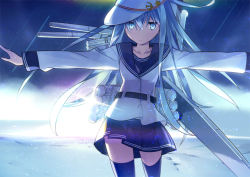 Rule 34 | 10s, 1girl, anchor, backlighting, belt, black thighhighs, blue eyes, blue hair, hammer and sickle, hat, hibiki (kancolle), kantai collection, long hair, matching hair/eyes, ninomoto, outstretched arms, skirt, solo, star (symbol), thighhighs, verniy (kancolle)