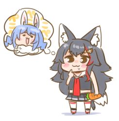 Rule 34 | 1girl, :3, animal ear fluff, animal ears, arm at side, black hair, black skirt, blue hair, blush, blush stickers, brown eyes, chibi, commentary request, don-chan (usada pekora), drooling, finger to own chin, full body, hair ornament, hairclip, holding, hololive, long hair, miniskirt, multicolored hair, nekoyama, ookami mio, ookami mio (1st costume), open mouth, pleated skirt, rabbit ears, rabbit girl, red hair, red neckwear, saliva, sidelocks, simple background, skirt, smile, solo, standing, streaked hair, striped, tail, thighhighs, thinking, thought bubble, two-tone hair, usada pekora, very long hair, virtual youtuber, white background, white thighhighs, wolf ears, wolf girl, wolf tail, zettai ryouiki