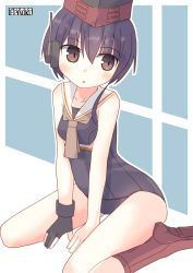 Rule 34 | 1girl, artist logo, asymmetrical hair, between legs, black hair, black one-piece swimsuit, boots, brown eyes, crop top, framed breasts, gloves, hair between eyes, hand between legs, hat, headphones, high heel boots, high heels, highres, i-13 (kancolle), kantai collection, kneeling, looking to the side, one-piece swimsuit, partially fingerless gloves, pepatiku, sailor collar, school swimsuit, shirt, short hair, single glove, solo, swimsuit, swimsuit under clothes, white sailor collar
