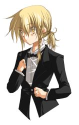 Rule 34 | 00s, 1girl, 2005, adjusting clothes, alternate hairstyle, blonde hair, bow, bowtie, braid, female focus, formal, hair between eyes, kirisame marisa, kokono coco, low ponytail, lowres, pant suit, pants, ponytail, short ponytail, side braid, solo, suit, touhou, traditional bowtie, transparent background