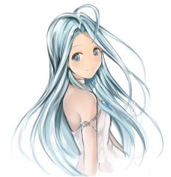 Rule 34 | 1girl, ahoge, armlet, blue eyes, blue hair, choker, cropped torso, dress, floating hair, from side, granblue fantasy, long hair, looking at viewer, looking back, lyria (granblue fantasy), nannacy7, simple background, sketch, sleeveless, sleeveless dress, smile, solo, striped clothes, striped dress, very long hair, white background, white dress