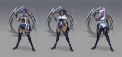Rule 34 | 1girl, bare shoulders, black gloves, black hair, black shorts, black thighhighs, blue hair, breasts, cleavage, fingerless gloves, forehead protector, gloves, gradient background, grey background, highres, holding, holding weapon, league of legends, looking at viewer, medium breasts, multicolored hair, navel, official alternate costume, ponytail, pouch, qiyana (league of legends), shockblade qiyana, shorts, thigh pouch, thighhighs, toeless footwear, two-tone hair, vladbacescu, weapon, white hair