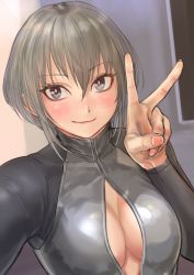 Rule 34 | 1girl, blush, breasts, cleavage, cleavage cutout, closed mouth, clothing cutout, front zipper swimsuit, grey eyes, grey hair, highres, kilye kairi, large breasts, long sleeves, looking at viewer, meme attire, one-piece swimsuit, original, short hair, smile, solo, swimsuit, upper body, v