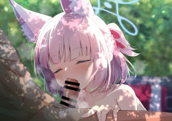 Rule 34 | 1girl, animal ears, bar censor, blue archive, blurry, blurry background, blush, censored, closed eyes, collarbone, commentary request, eavesdropping, fellatio, fox ears, highres, madotsukumo, medium hair, niko (blue archive), oral, penis, pink hair, solo focus, sweat