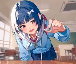 Rule 34 | 1girl, bag, blue hair, blue jacket, blue skirt, bow, breasts, chair, chalkboard, check copyright, classroom, coin, copyright request, desk, fang, fingernails, hair bow, highres, holding, holding coin, indoors, jacket, kabu (niniko2ko), leaning forward, long sleeves, looking at viewer, medium breasts, necktie, open mouth, original, pleated skirt, red eyes, red necktie, school bag, school chair, school desk, skirt, smile, solo, white bow, window